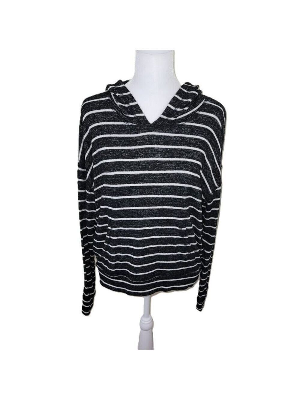 American Eagle Outfitters Heathered Black White Striped Sweater Soft Hoodie SZ S